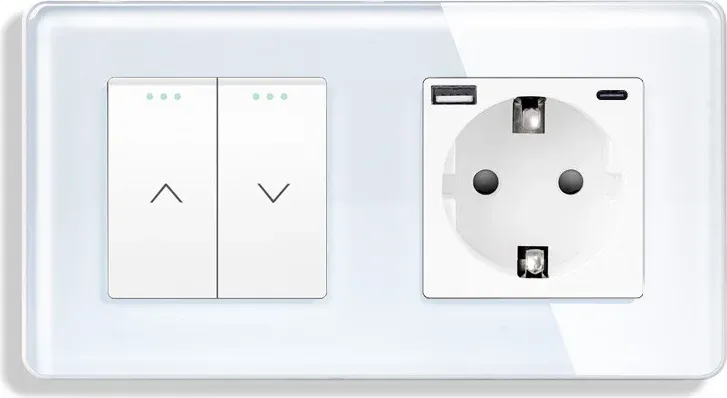 Подвійний вимикач без фіксації ELIOS з розеткою та USB A+C 20Вт, білий, скло, заземлення і захисними шторками