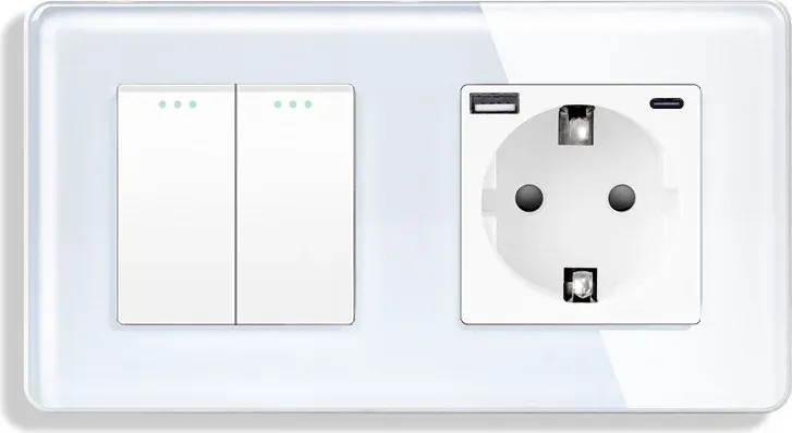 Двоклавішний перехресний вимикач ELIOS з розеткою та USB A+C 20Вт, білий, скло, заземлення