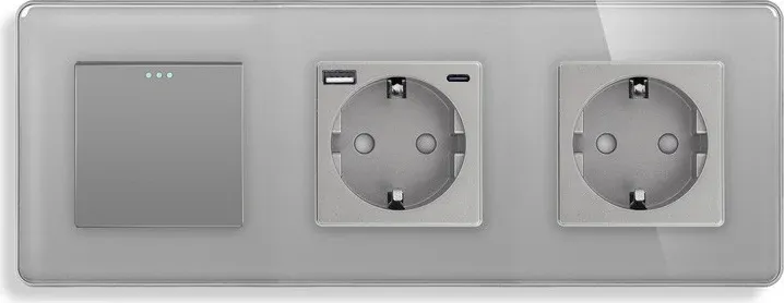 Вимикач універсальний з розеткою та розеткою з USB A+C 20Вт, із заземленням, захисні шторки, ELIOS сірий скло