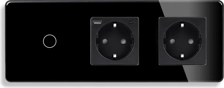 Сенсорний вимикач з розеткою та розеткою USB A+C 20Вт, із заземленням і шторками ELIOS 16А 230В чорний скло