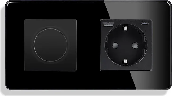 Роторний димер з розеткою USB A+C 20Вт ELIOS 16А 230В, із заземленням, шторки, чорний, скло