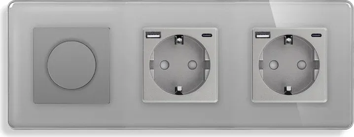 Роторний димер ELIOS з двома розетками з USB A+C 20Вт, сірий, скло, 16A 230V, із заземленням, шторки