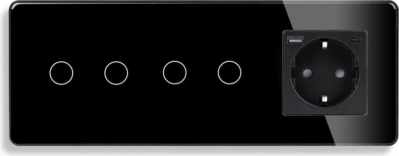 Прохідний сенсорний вимикач 4 сенсори (2-2) з розеткою з USB A+C 20Вт, заземлення, шторки, ELIOS чорний скло