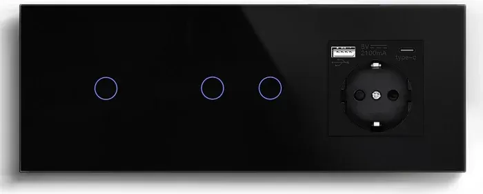 Прохідний сенсорний вимикач 3 сенсори (1-2) з розеткою з USB A+C 20Вт, заземлення, шторки, LUXION чорний скло