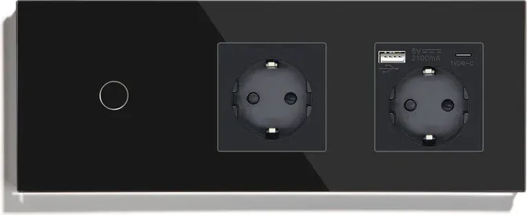 Сенсорний вимикач з розеткою та розеткою USB A+C 20Вт, із заземленням і шторками LUXION 16А 230В чорний скло