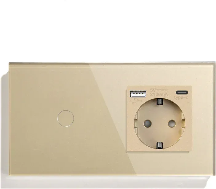 Сенсорний прохідний вимикач LUXION з розеткою та USB A+C 20Вт, золотий, скло, із заземленням і шторками,