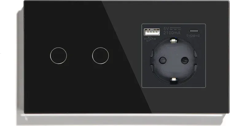 Сенсорний подвійний прохідний вимикач LUXION з розеткою та USB A+C 20Вт, чорний, скло, дотиковий, заземлення,