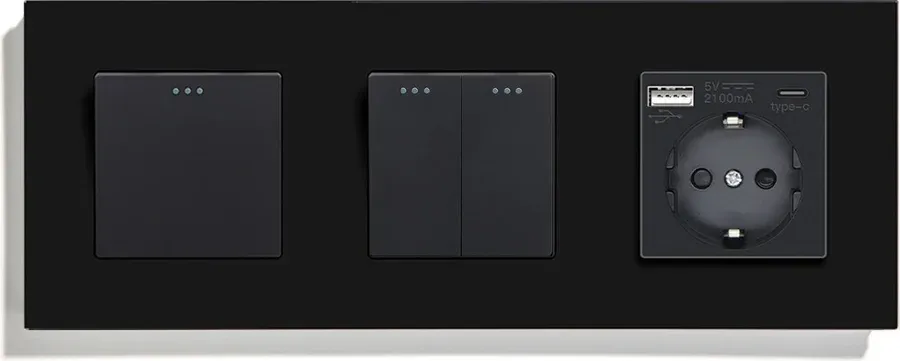 Перехресний вимикач 3-клавішний (1-2) з розеткою з USB A+C 20Вт, заземлення, LUXION 16А 230 В, чорний скло