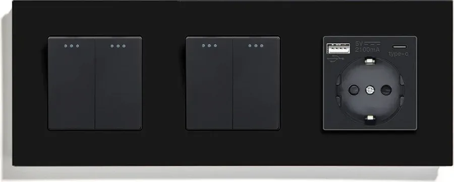 Перехресний вимикач 4-клавішний (2-2) з розеткою з USB A+C 20Вт, заземлення, LUXION 16А 230 В, чорний скло