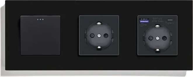 Перехресний вимикач з розеткою та розеткою з USB A+C 20Вт, із заземленням, захисні шторки, LUXION чорний скло