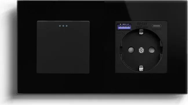 Перехресний вимикач LUXION з розеткою та USB A+C 20Вт, чорний, скло, із заземленням і захисними шторками