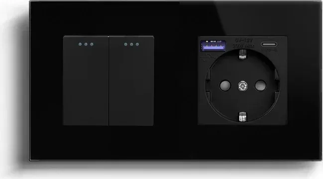 Двоклавішний перехресний вимикач LUXION з розеткою та USB A+C 20Вт, чорний, скло, заземлення