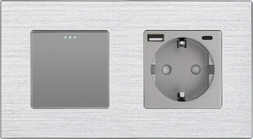 Універсальний вимикач (звичайний / прохідний) з розеткою USB A+C 20Вт, заземлення, WALLPAD сірий алюміній