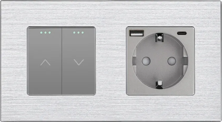 Подвійний вимикач без фіксації WALLPAD з розеткою та USB A+C 20Вт, сірий, алюміній, заземлення