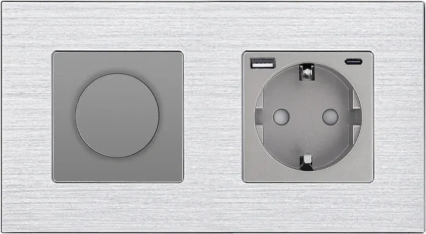 Роторний димер з розеткою USB A+C 20Вт WALLPAD 16А 230В, із заземленням, шторки, сірий, алюміній
