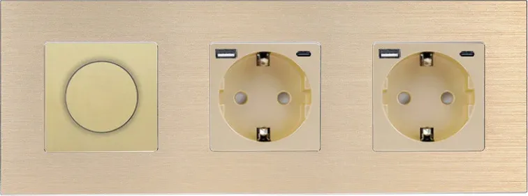 Роторний димер WALLPAD з двома розетками з USB A+C 20Вт, золотий, алюміній, 16A 230V, із заземленням, шторки