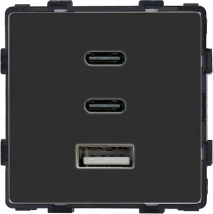 Розетка USB Type-C 65Вт, ELIOS, чорна скляна рамка, настінна, дизайнерська, швидка зарядка