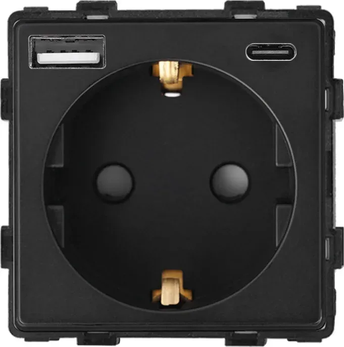 Електрична розетка з USB A+C 20 Вт для зарядки, ELIOS чорна, з заземленням, 250 В 16 А