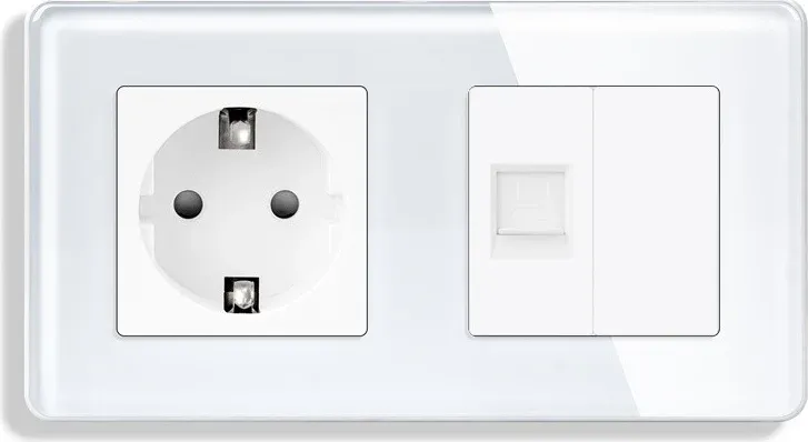 Розетка ELIOS силова + інтернет (RJ-45), біла, настінна дизайнерська, скляна рамка