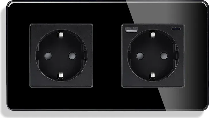 Подвійна розетка ELIOS з USB A+C 20Вт, із заземленням, шторки, чорна, скляна рамка, 250В, 16А