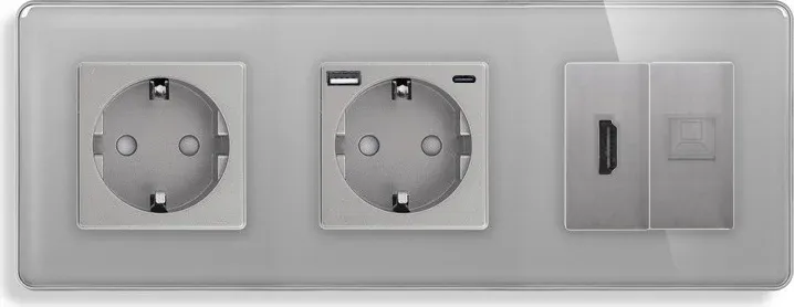 Розетка ELIOS з USB 20Вт, HDMI і Інтернет RJ-45, із заземленням, шторки, сіра, скляна рамка, 250В 16А