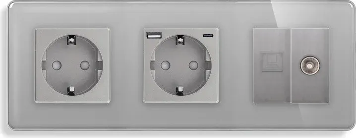 Розетка ELIOS з USB 20Вт, Інтернет RJ-45 і ТВ виходом, із заземленням, шторки, сіра, скляна рамка, 250В 16А