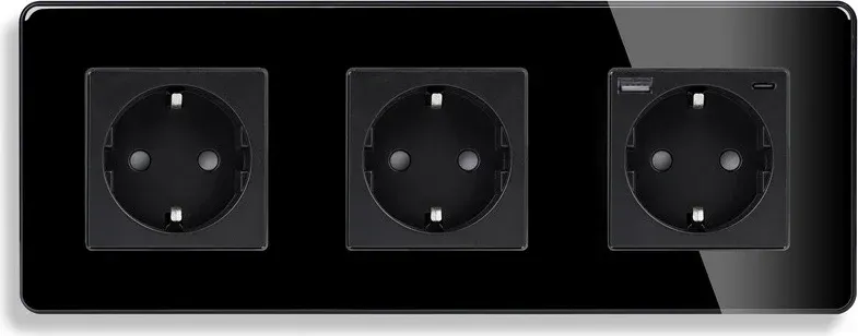 Розетка ELIOS з USB A+C 20Вт, із заземленням, шторки, чорна, скляна рамка, 250В 16А