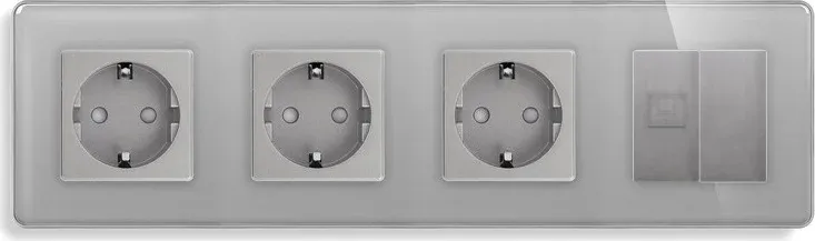 Розетка чотиримісна ELIOS Силова + Інтернет RJ-45, сіра, настінна, скляна рамка