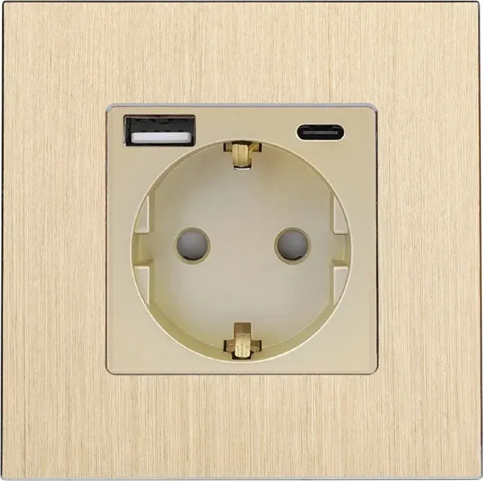 Розетка WALLPAD з USB A+C 20Вт для зарядки, заземлення, золота алюмінієва рамка, сенсорна настінна 250В 16А