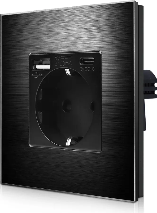Розетка WALLPAD з USB A+C 20Вт для зарядки, із заземленням, чорна алюмінієва рамка, сенсорна настінна 250В 16А