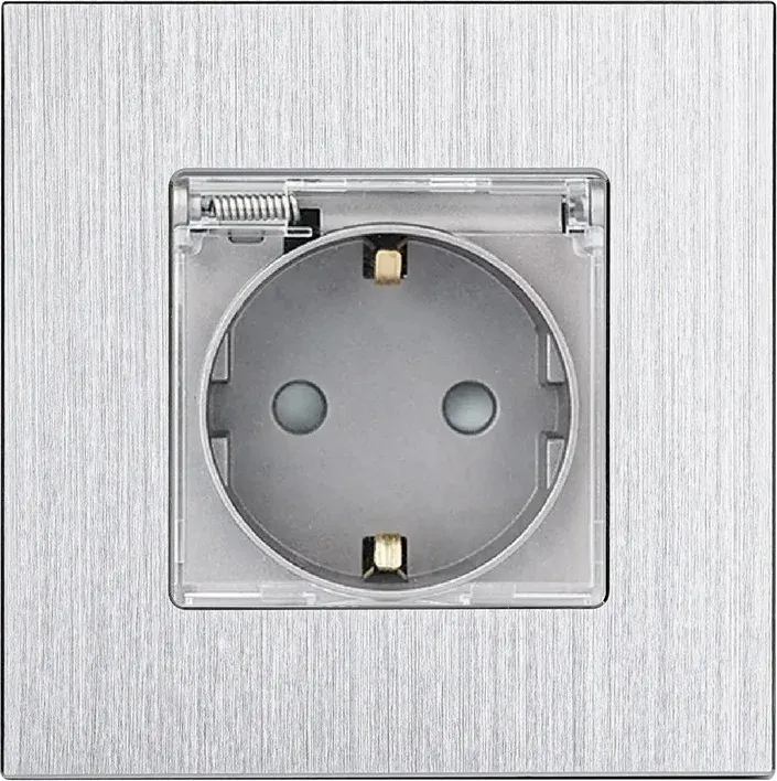 Електрична розетка WALLPAD з кришкою IP44, заземлення, сіра, настінна дизайнерська, алюмінієва рамка, 250В 16А