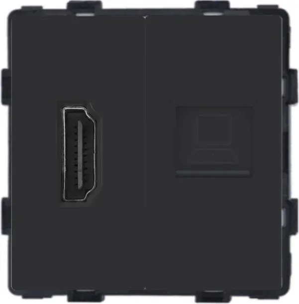 Розетка HDMI комп’ютерна RJ-45 WALLPAD, чорна алюмінієва рамка, настінна дизайнерська, для ТВ і мультимедіа