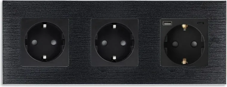 Розетка WALLPAD з USB A+C 20Вт, із заземленням, шторки, чорна, алюмінієва рамка, 250В 16А