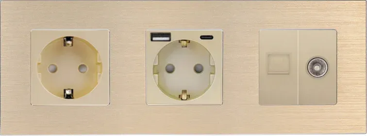 Розетка WALLPAD з USB 20Вт, Інтернет RJ-45 і ТВ виходом, заземлення, золота, алюмінієва рамка, 250В 16А