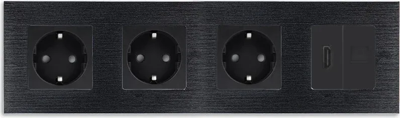 Розетка чотиримісна з HDMI і Інтернет RJ-45, WALLPAD чорна, настінна, алюмінієва рамка