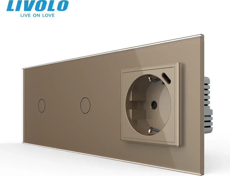 Прохідний сенсорний димер LIVOLO 2 сенсори (1-1) з розеткою з USB Type-C 18Вт, золото скло, заземлення