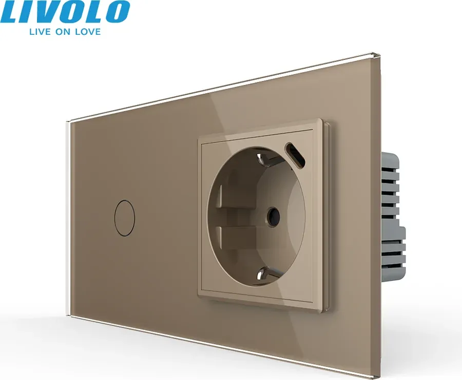 Розумний сенсорний вимикач LIVOLO з розеткою та USB Type-C 18Вт, золотий, скло, дотиковий, із заземленням,