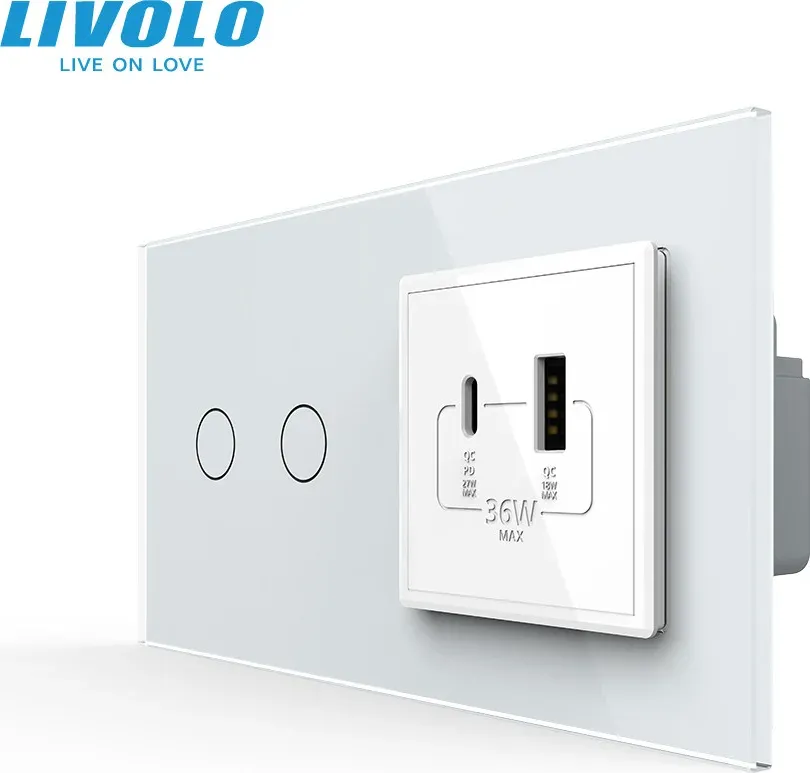 Розумний сенсорний подвійний прохідний вимикач LIVOLO з розеткою USB-A + USB-C 36Вт білий скляна рамка