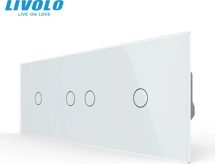 Розумний сенсорний (дотиковий) вимикач LIVOLO 4 сенсори (1-2-1) білий скло