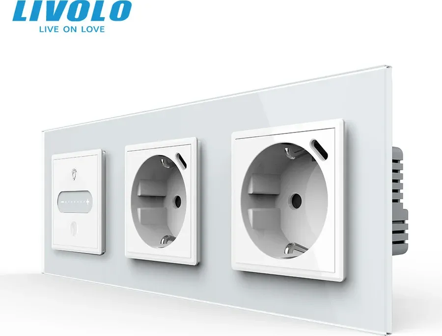 Розумний сенсорний димер LIVOLO з двома розетками з USB Type-C 18Вт, білий, скло, 16A 230V, заземлення, шторки