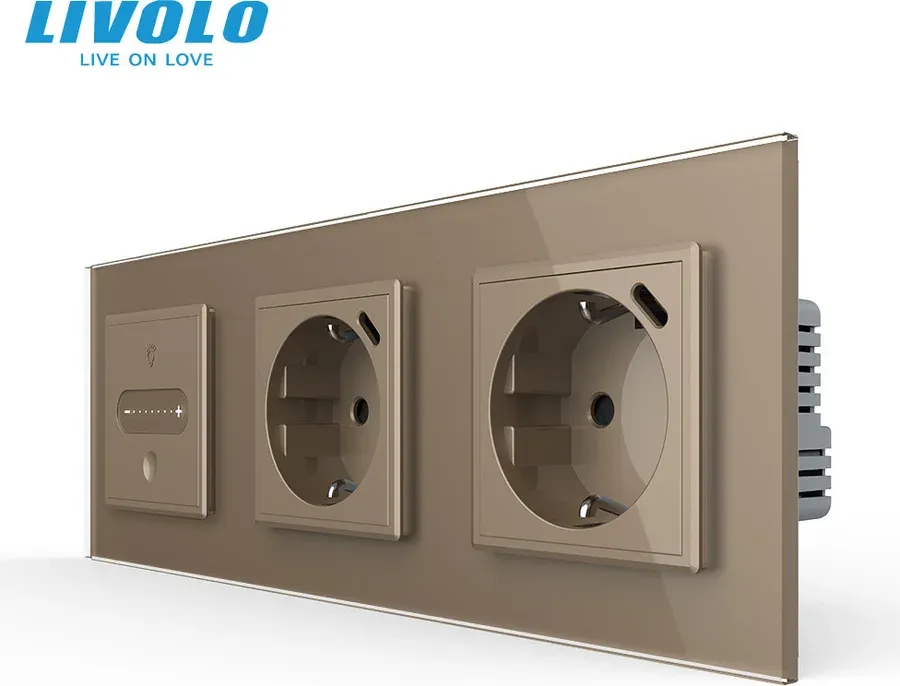 Розумний сенсорний димер LIVOLO з двома розетками з USB Type-C 18Вт, золотий, скло, 16A 230V, заземлення