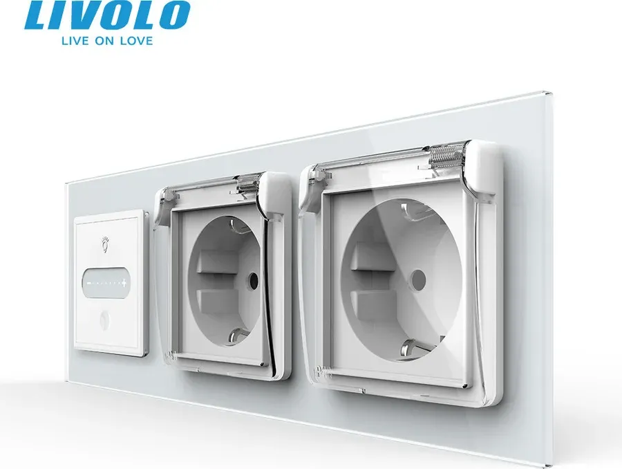 Розумний сенсорний димер LIVOLO з двома розетками IP44, білий, скло, 16A 230V, із заземленням, шторки