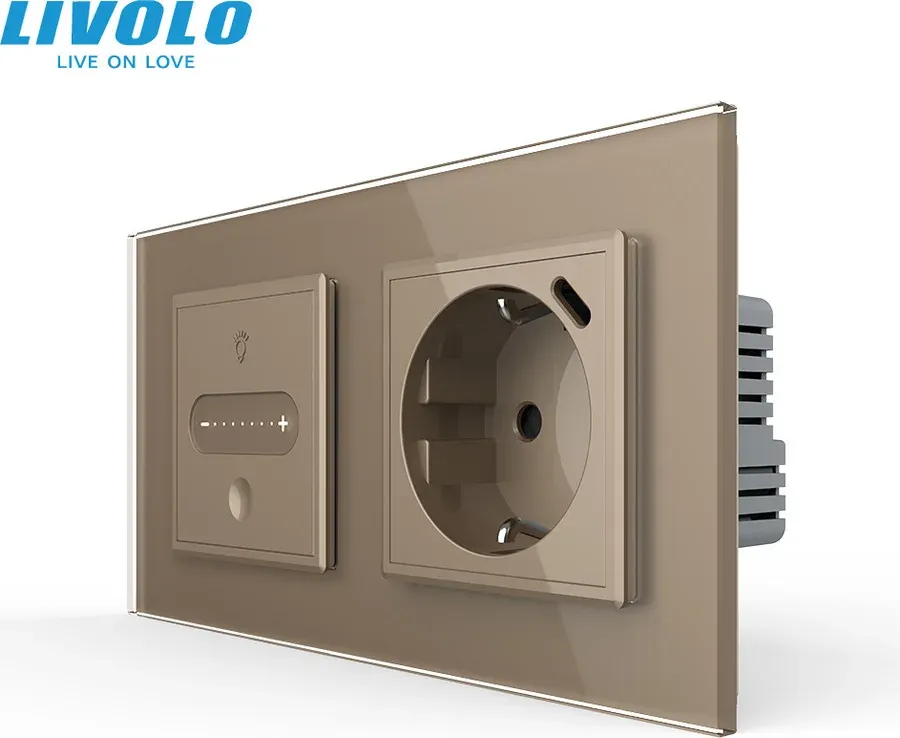 Розумний сенсорний димер з розеткою USB Type-C 18Вт LIVOLO 16А 230В, із заземленням, шторки, золото, скло