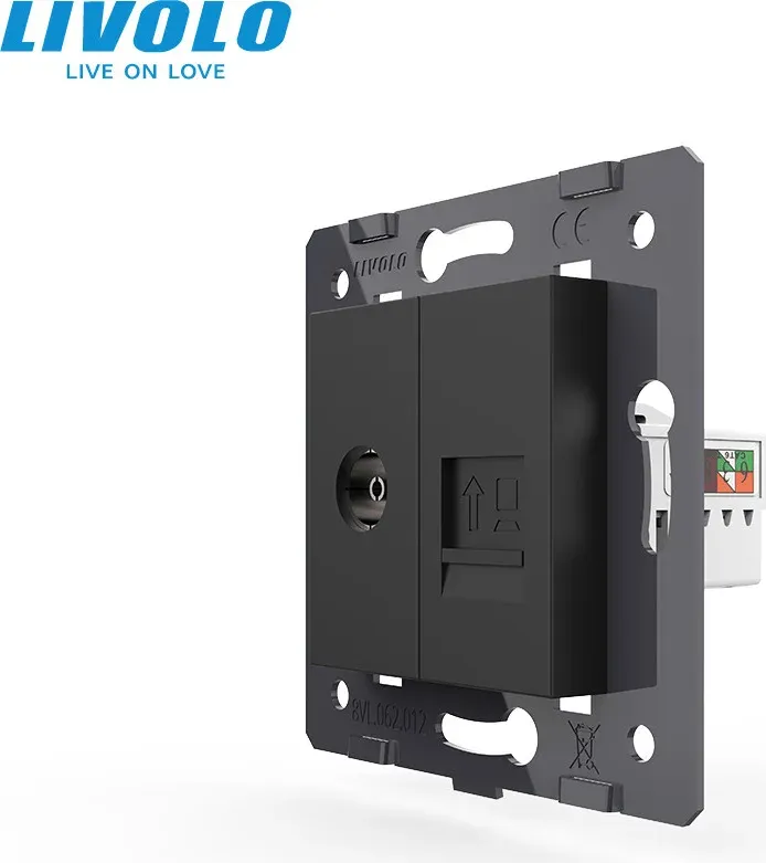Розетка комп’ютерна RJ-45 і ТВ LIVOLO чорна, настінна дизайнерська, скляна рамка