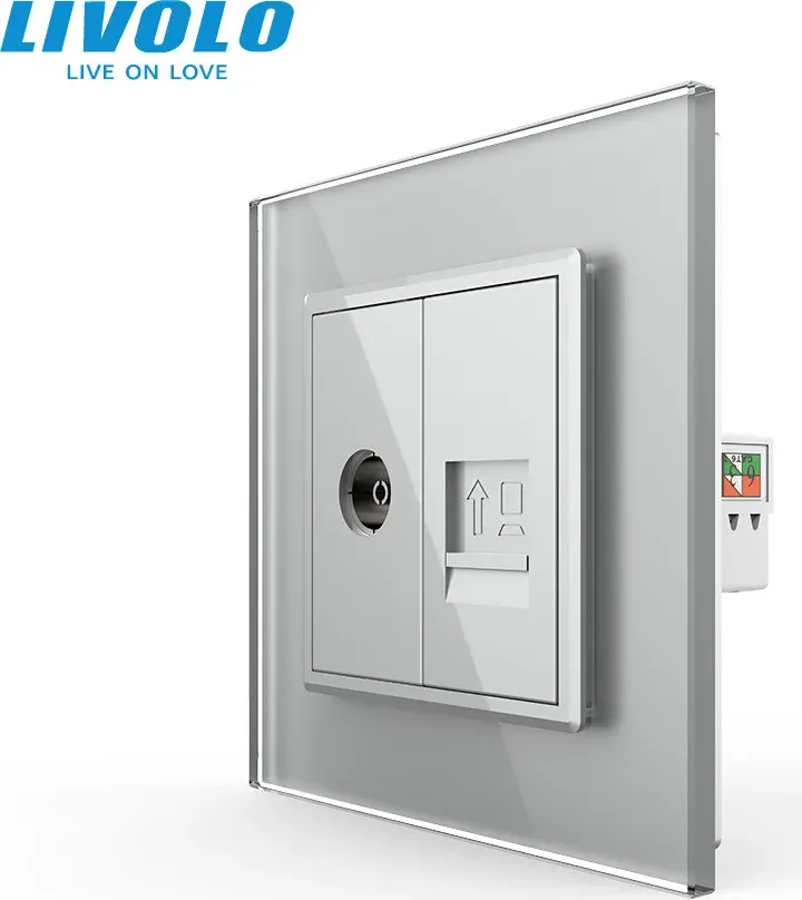 Комп’ютерна розетка RJ-45 + ТВ розетка LIVOLO, скляна рамка, сірий колір, настінна