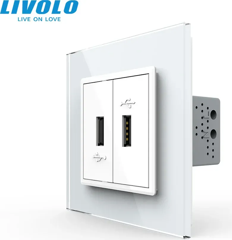 Подвійна розетка USB LIVOLO з блоком живлення на 10Вт х2, біла, скляна рамка, настінна, для зарядки телефонів
