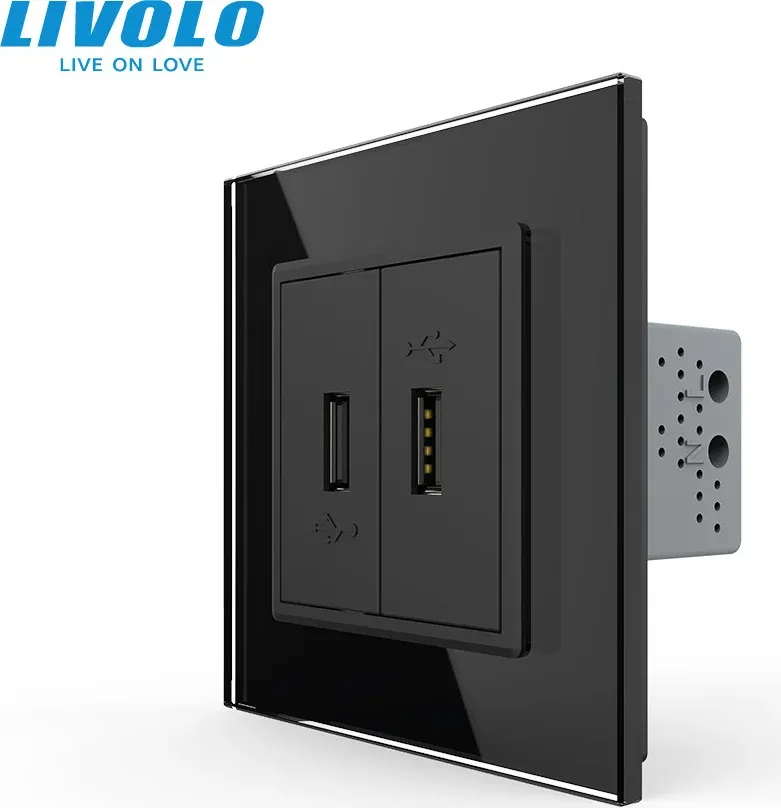 Подвійна розетка USB LIVOLO з блоком живлення, чорна, скляна рамка, настінна, для зарядки телефонів і гаджетів