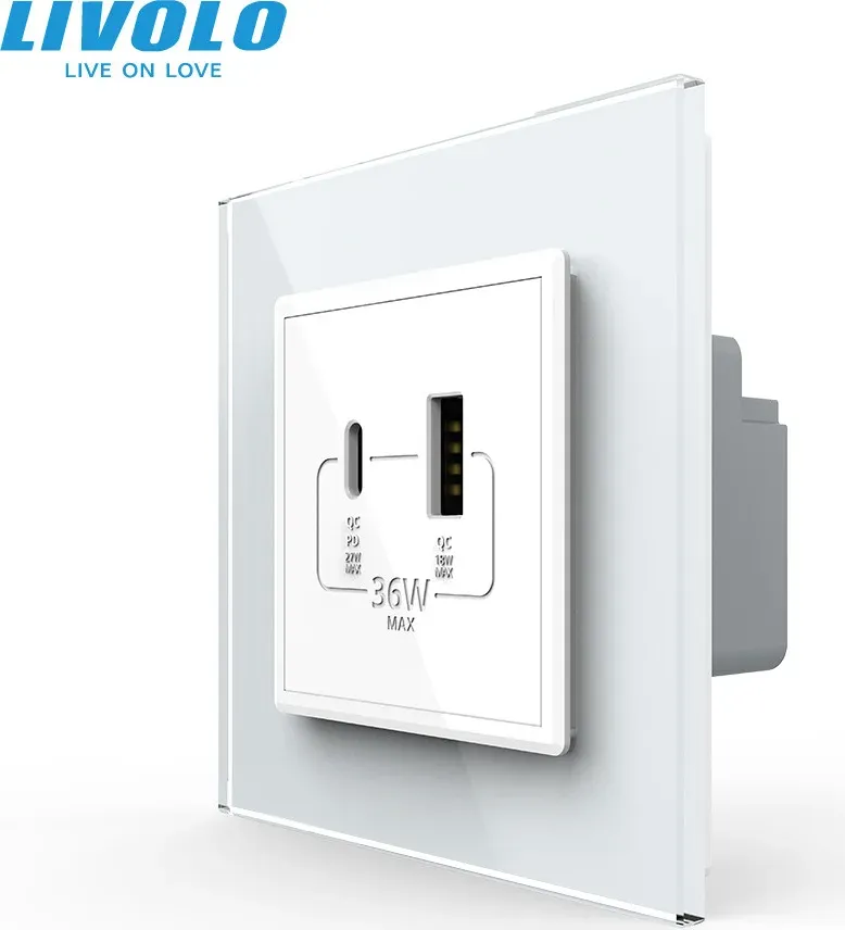 Розетка USB-A та USB-C LIVOLO з Power Delivery 36Вт, біла, скляна рамка, настінна, дизайнерська