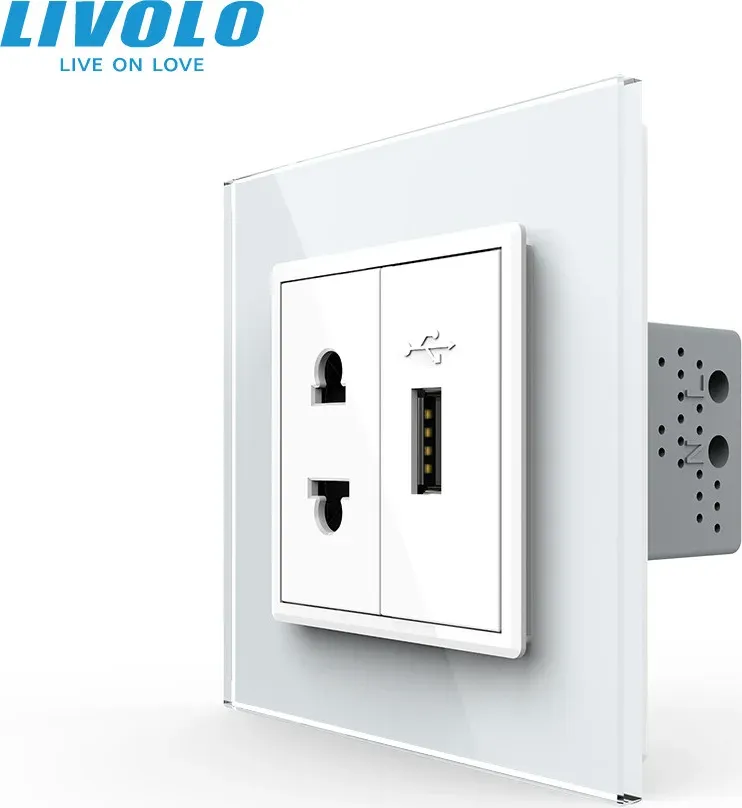 Універсальна розетка з USB-портом 10 Вт LIVOLO, біла, скляна рамка, настінна, дизайнерська