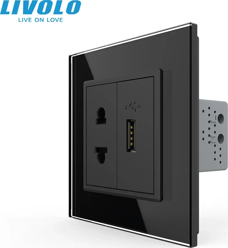 Універсальна розетка з USB-портом LIVOLO, чорна, скляна рамка, настінна, дизайнерська